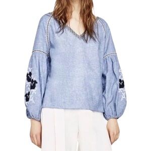 Zara linen embroidered balloon sleeve Medium
